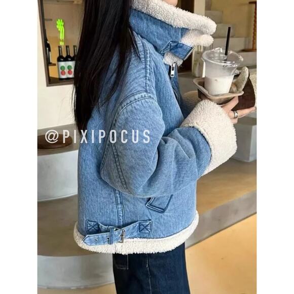 ZARA NEW FAUX SHEARLING BIKER JACKET MOTO DENIM BLUE M MEDIUM 3548/250 - Picture 5 of 16